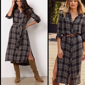 Anthropologie Cloth & Stone Womens S Plaid Shirt Dress Belted Black Comfy Casual